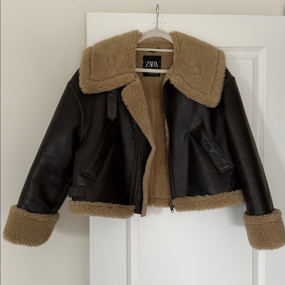 Zara Brown Leather Jacket with Tan Shearling - Picture 2 of 9